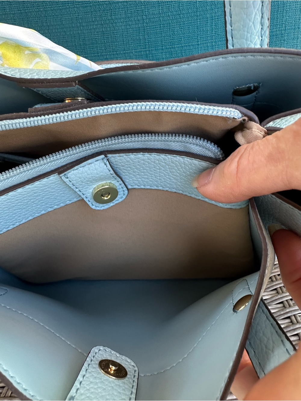 Nanette Lepore Light Blue Pebbled Leather Satchel with Floral Scarf 12X9” Pretty - Picture 15 of 16